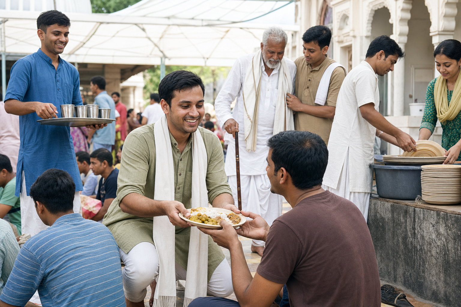 Temple volunteers serve vegetarian meals, offer water, assist an older guest, and collect reusable dishes at a public gathering.