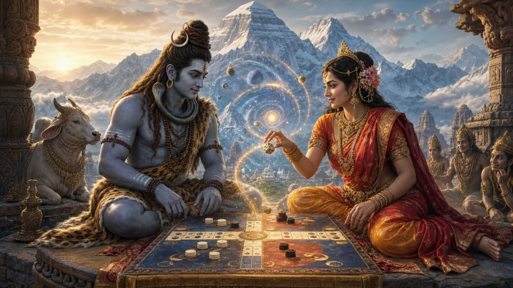 Shiva and Parvati play Aksha Krida on Mount Kailasa as a die hovers above a sacred board glowing with a cosmic vision.
