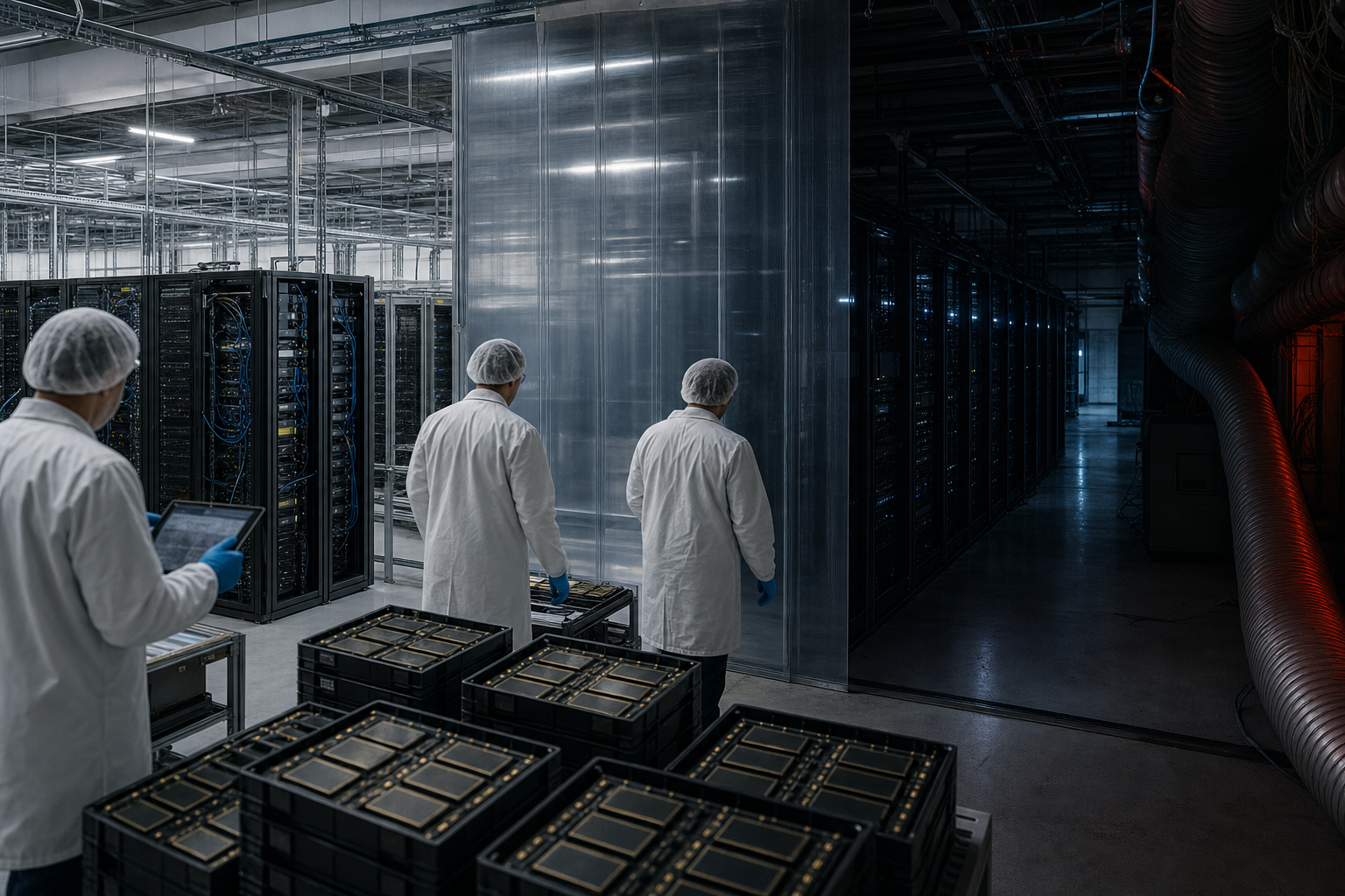 Technical inspectors examine server racks and chip crates while additional computing equipment remains concealed behind a partition.