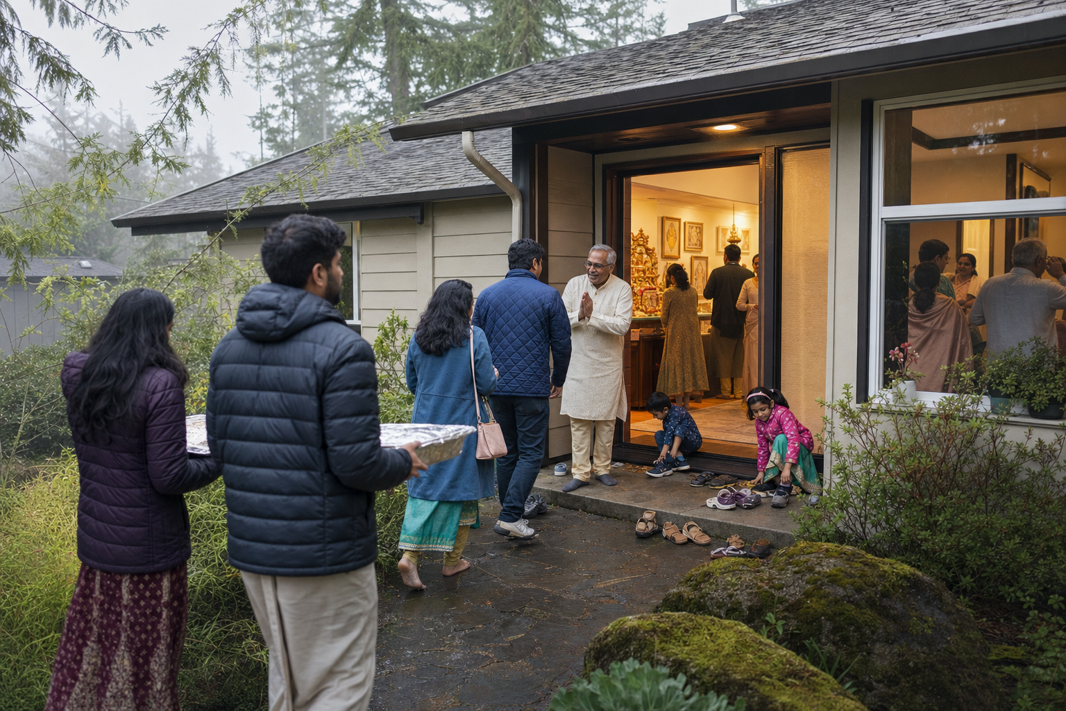 Families and volunteers enter a renovated suburban building used as a temple and community center.