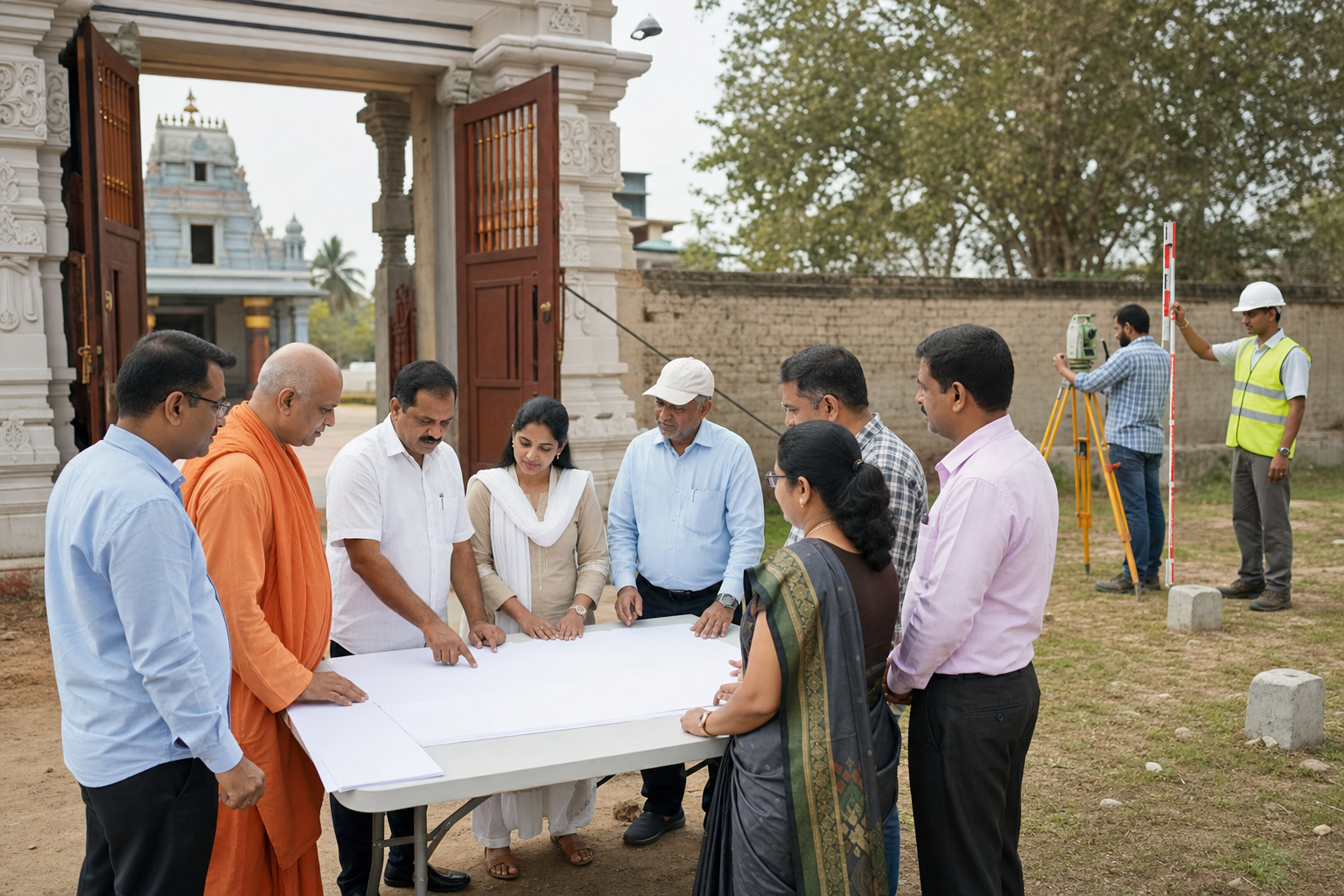 Community representatives, administrators and a surveyor review blank site plans beside an open temple gate and measured boundary markers.