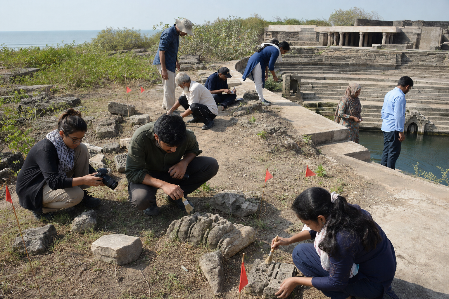 Conservators, residents and students document stone fragments beside a stepped water tank at a coastal heritage site.