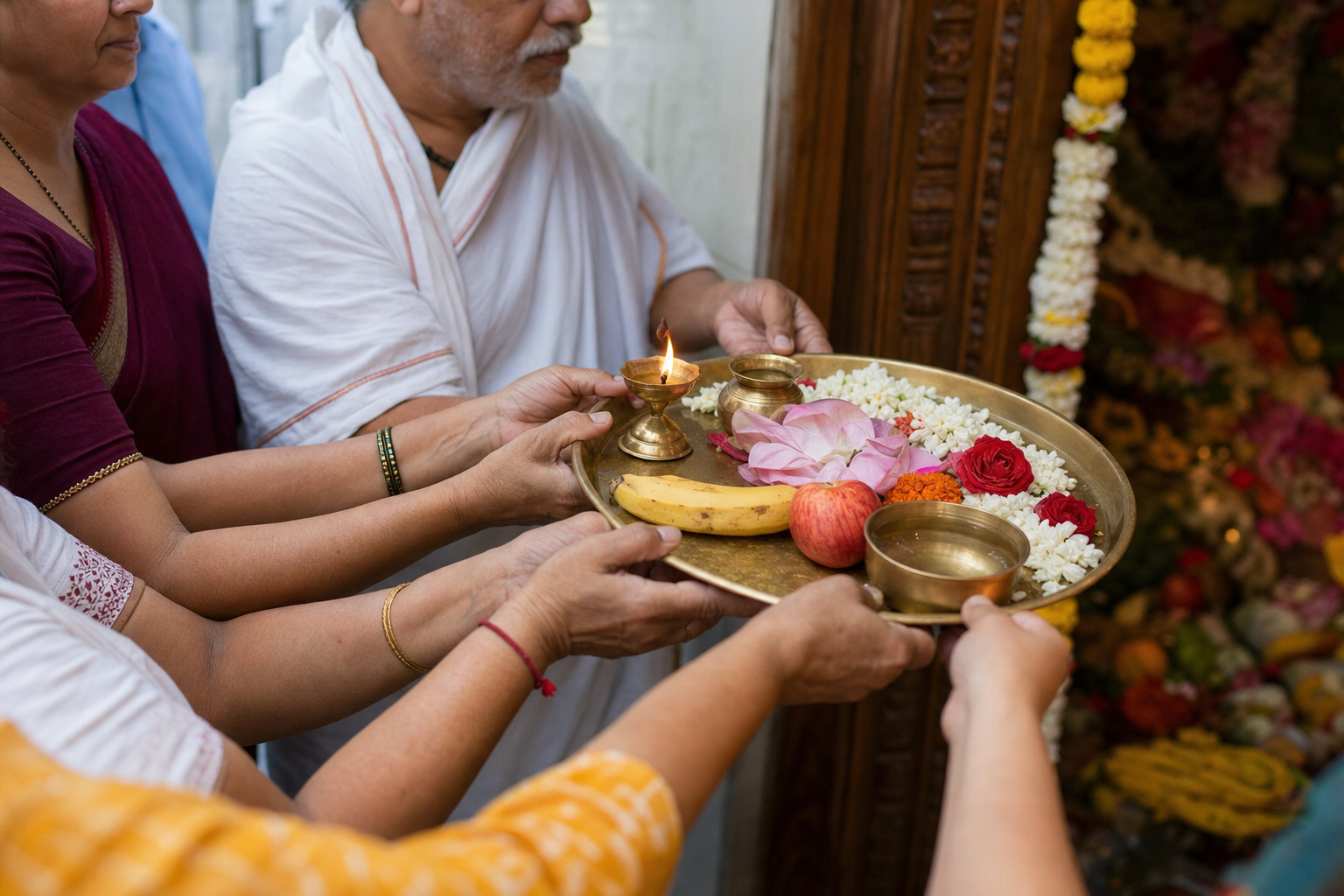 A Newar household prepares offerings for a deity procession while devotees sweep and wash a temple courtyard as sacred service.