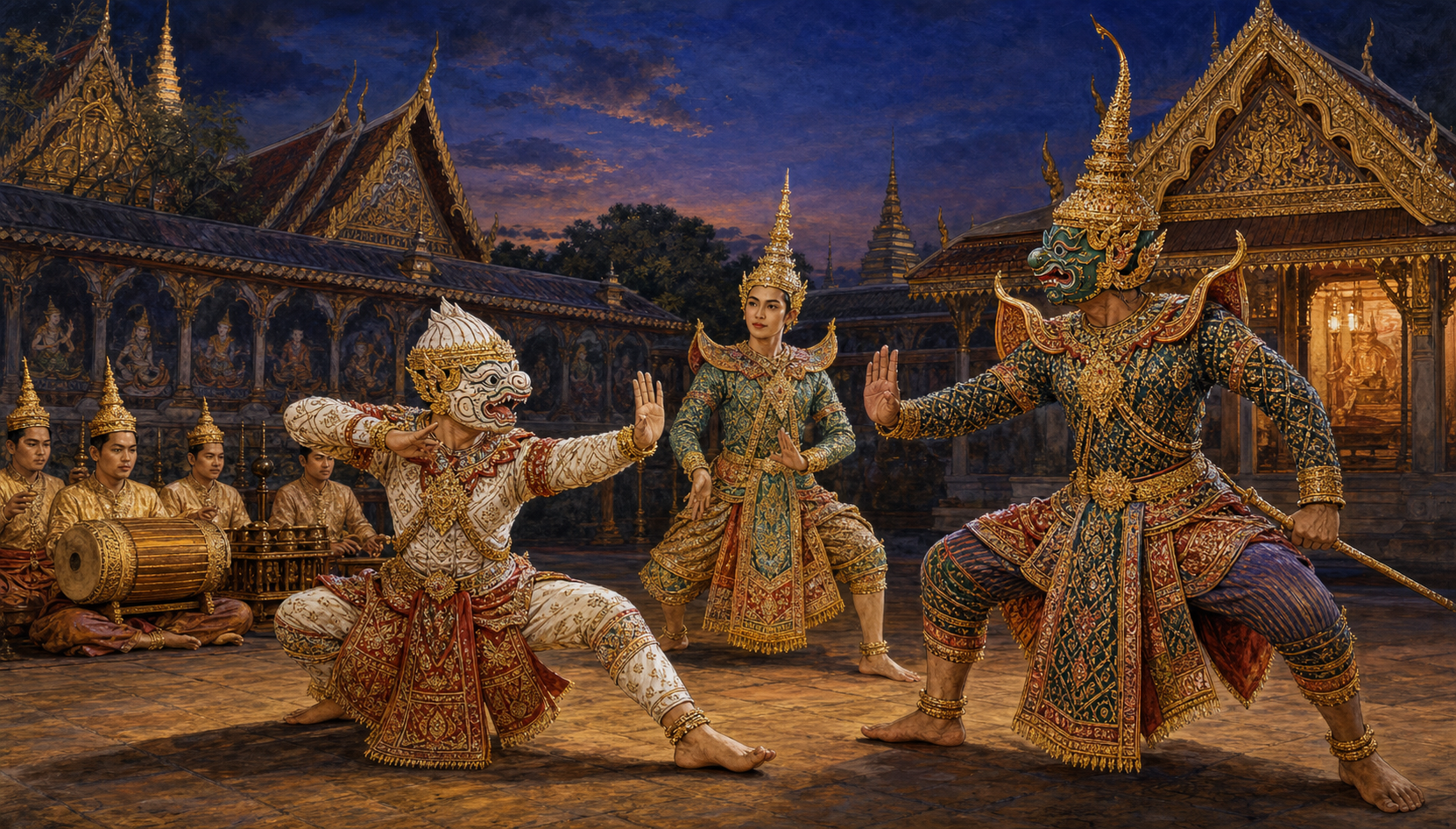 Masked Thai court performers gather in a public courtyard before a palace and temple complex while artisans paint a mythic mural nearby.