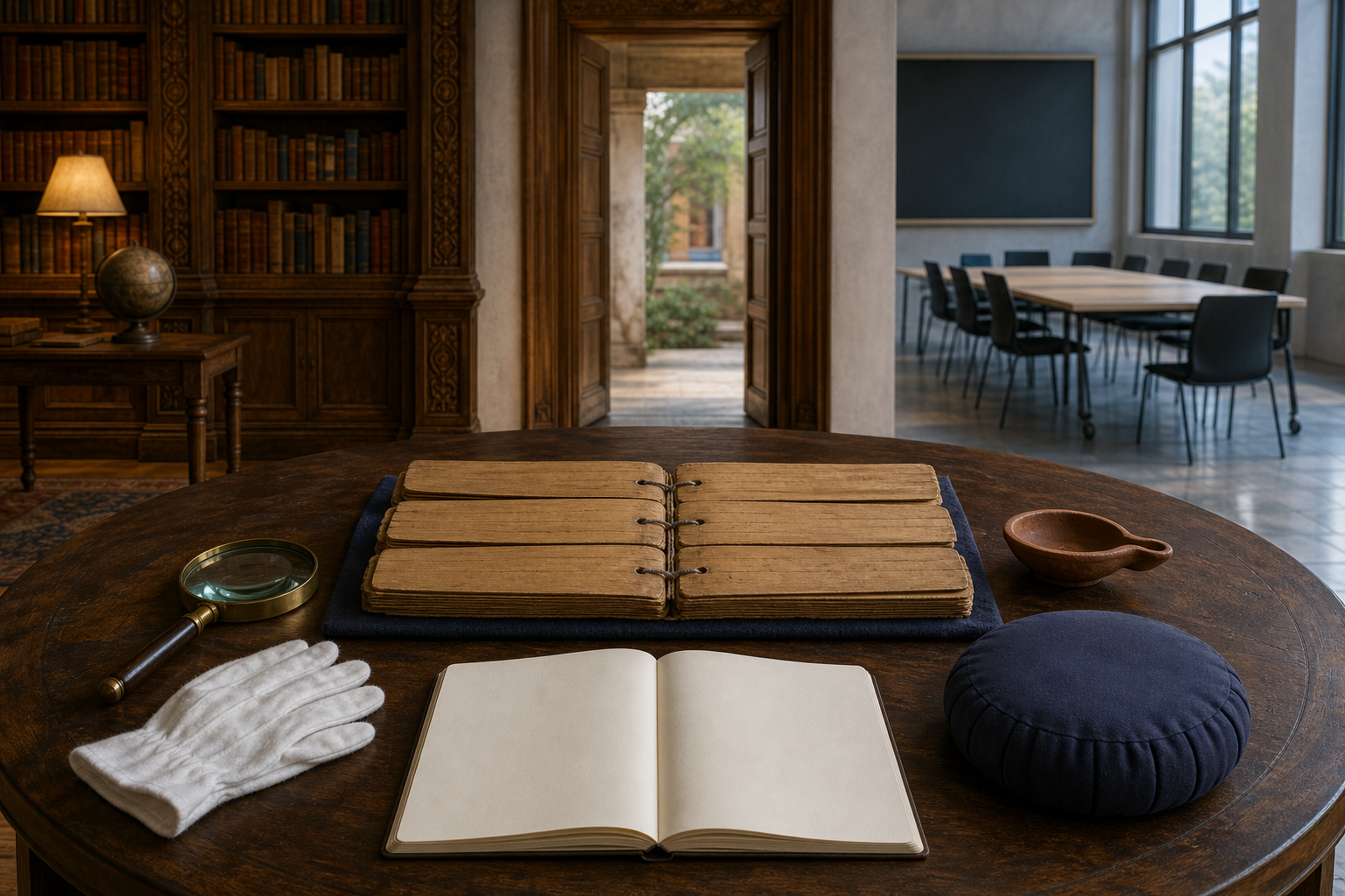An open palm-leaf manuscript on a study table between a traditional library and a modern seminar room, surrounded by research and practice objects.