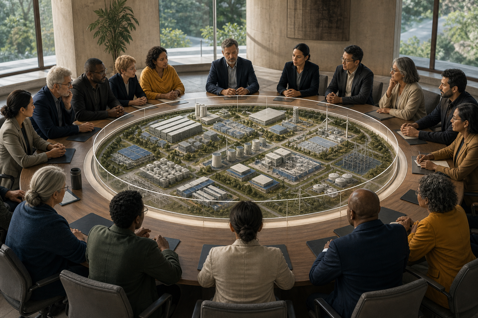 Officials, engineers, and auditors gather around a circular table holding a transparent model of interconnected computing infrastructure.