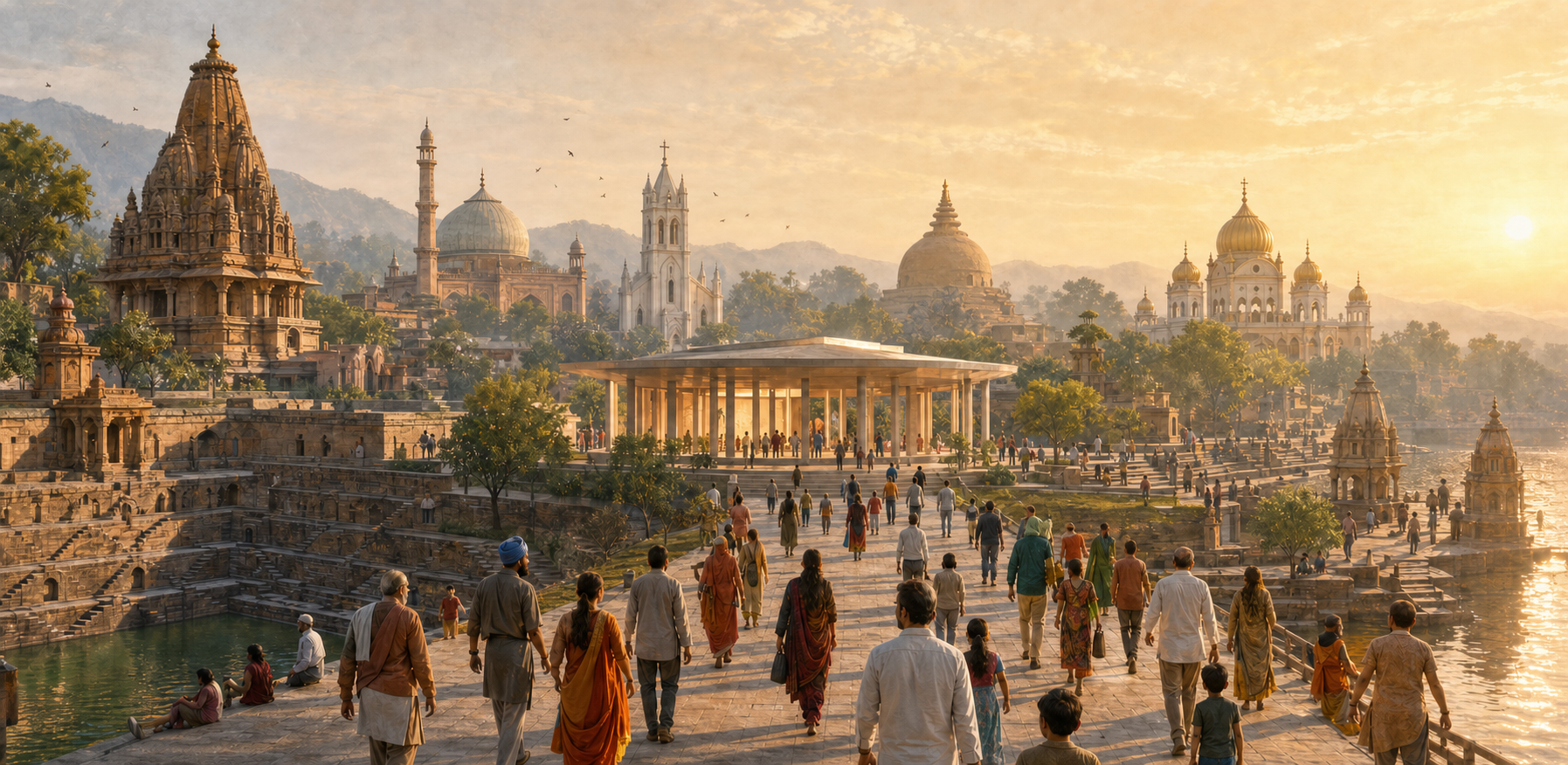 An ancient stepwell and several religious landmarks surround a modern public square where diverse citizens walk toward an open civic pavilion.