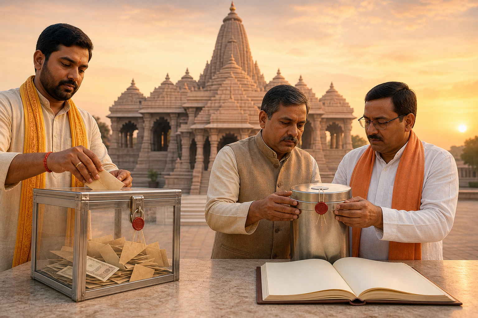 A devotee places an offering in a secured transparent donation box while two administrators verify a sealed container near a stone temple.
