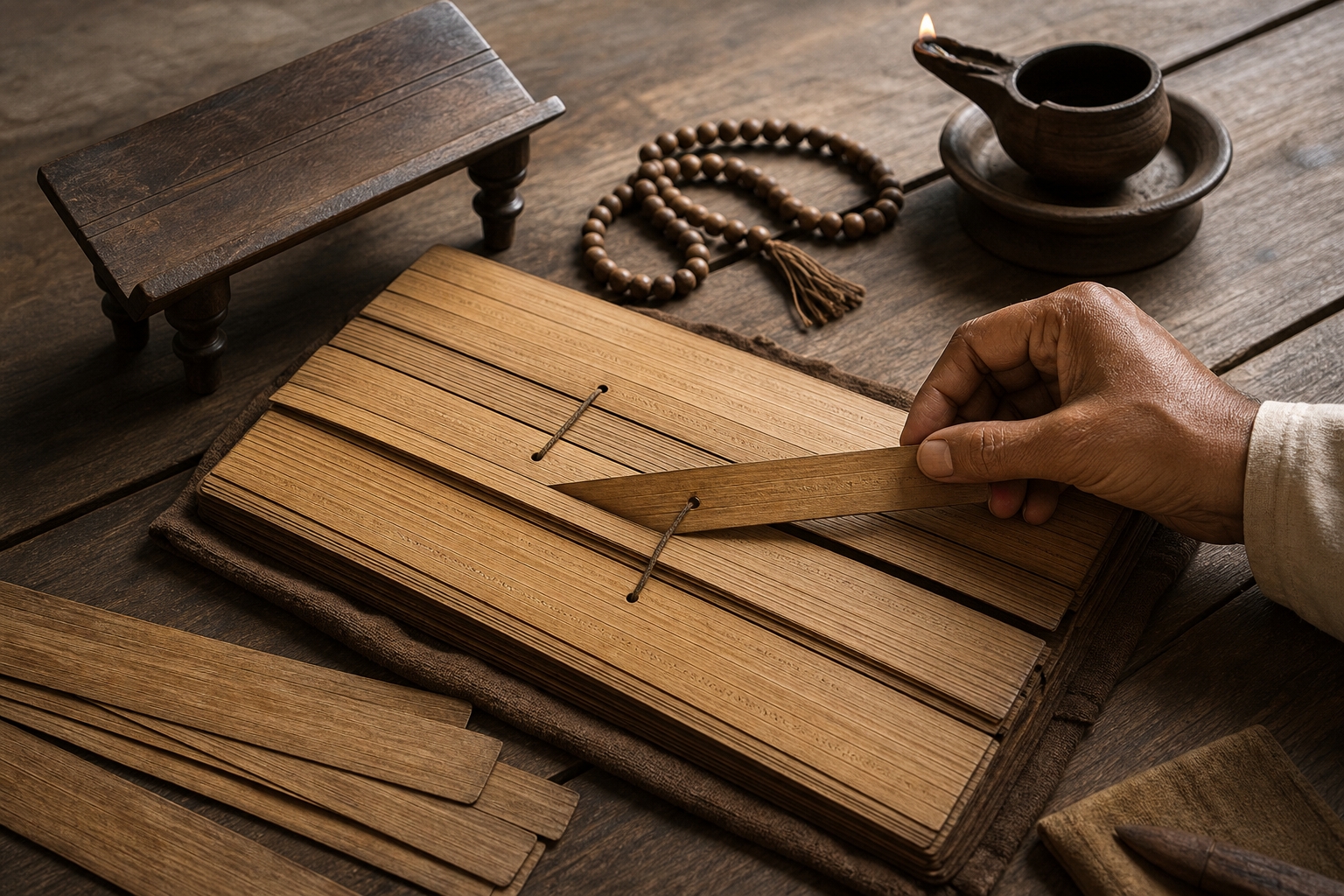 A scholar's hand returns a loose palm-leaf manuscript leaf to a complete bundle surrounded by a reading stand, wooden beads, and an oil lamp.