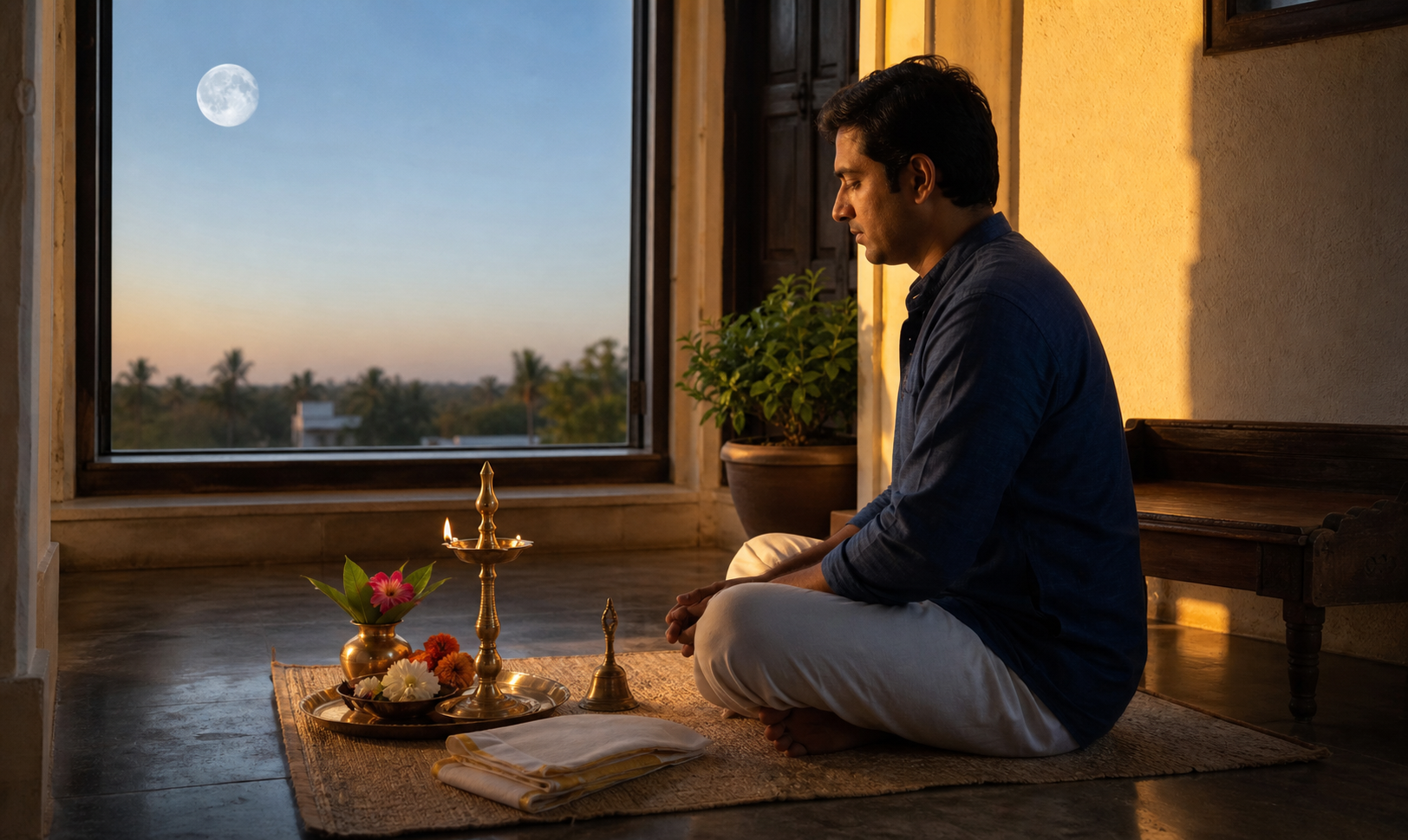 A householder sits beside a simple puja arrangement at dawn while the pale moon remains visible through an open window.