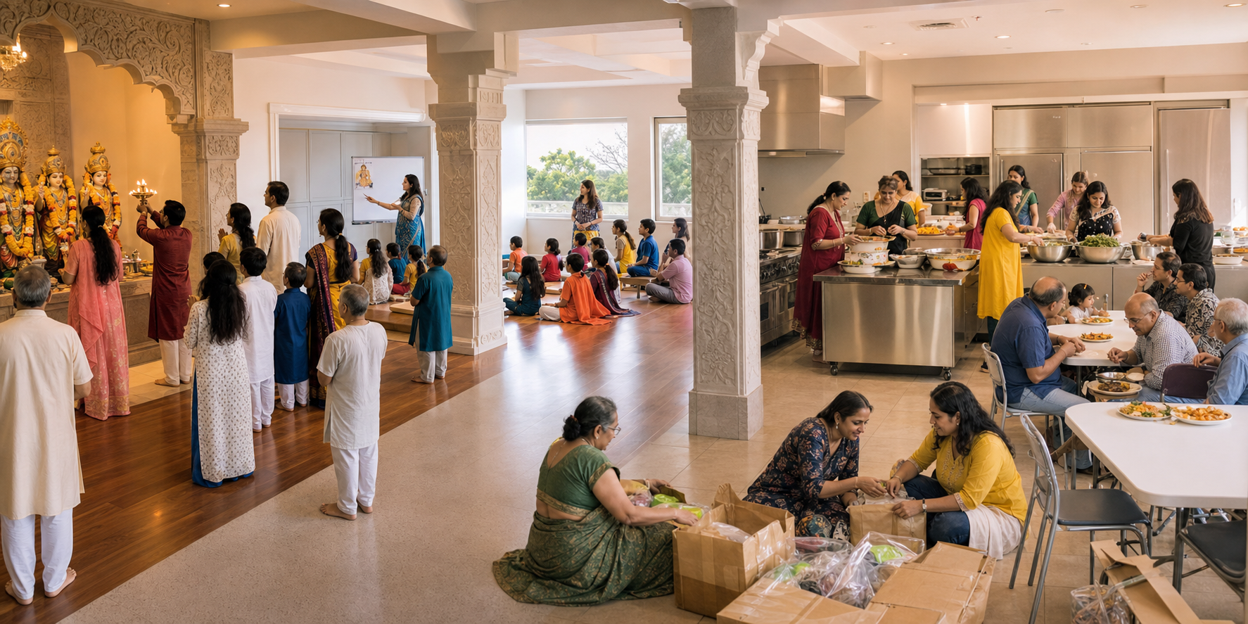Worship, children's learning, a communal meal, and volunteer service take place in connected rooms of a temple complex.
