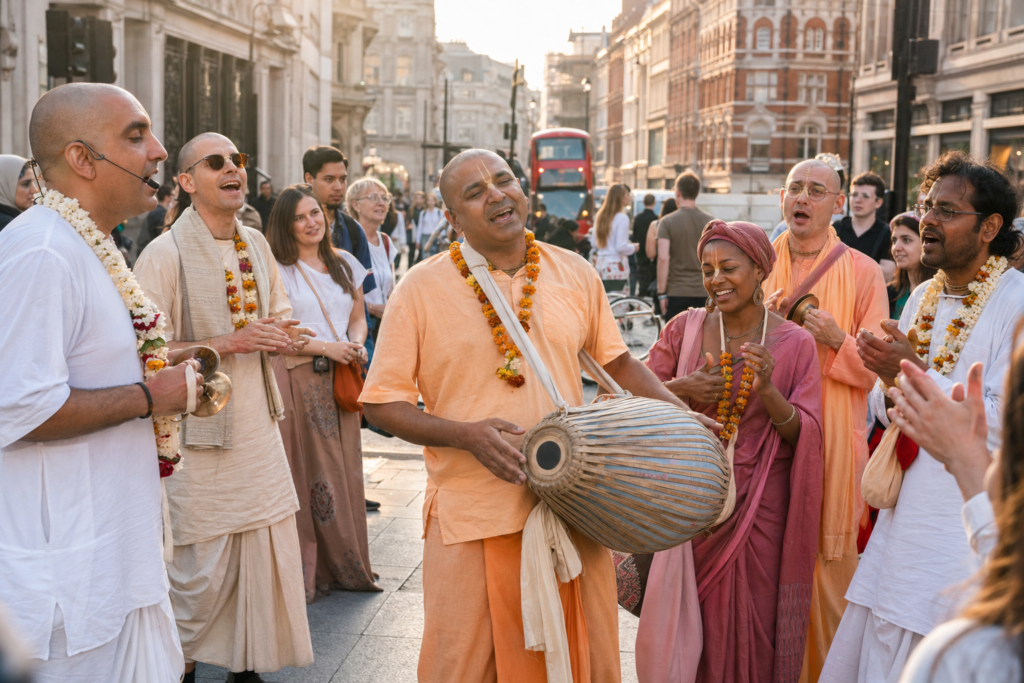 Hare Krishna devotees sing and play mridanga and hand cymbals on a busy London street as passersby gather nearby.