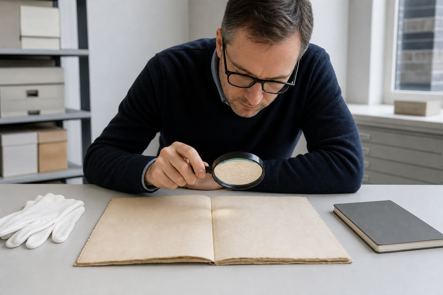A researcher uses a magnifying lens to inspect one small area of an otherwise fully visible manuscript on an archive table.