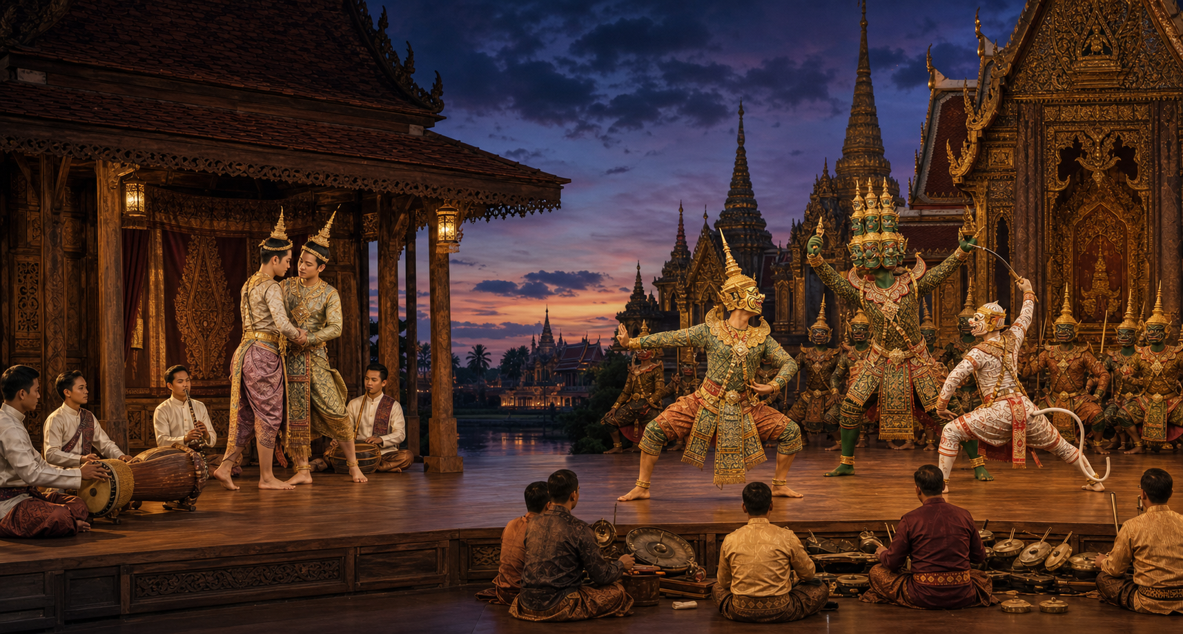 Lao dancers perform an intimate princely scene on one stage while masked Thai performers enact a dramatic court episode on another, each accompanied by musicians.