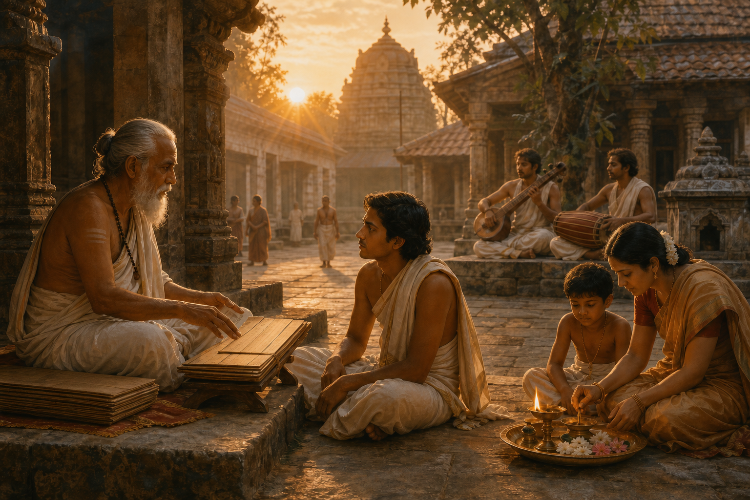 An elder teacher, a young listener, a family, and devotional musicians gather around a palm-leaf manuscript and oil lamp in a temple courtyard at dawn.