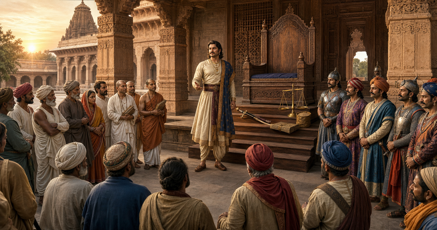 An idealized Indian ruler stands below an ornate throne before petitioners, councilors, scholars, and soldiers in a palace courtyard.