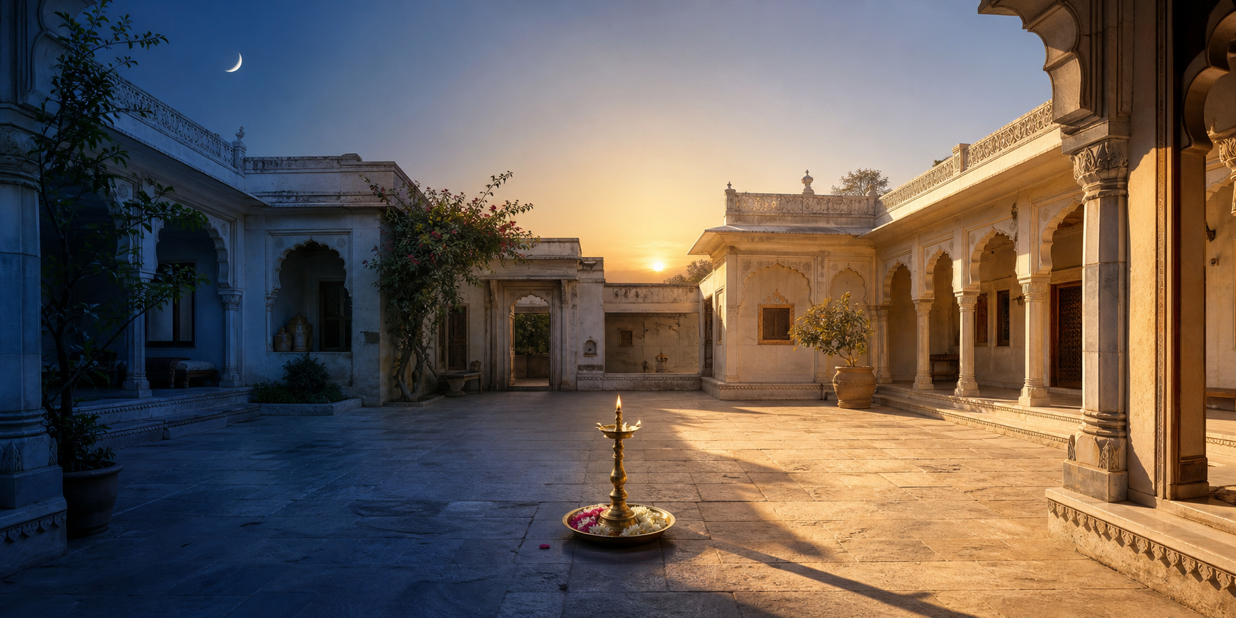 An Indian courtyard changes from predawn blue to bright morning light around a brass lamp and flower offering.