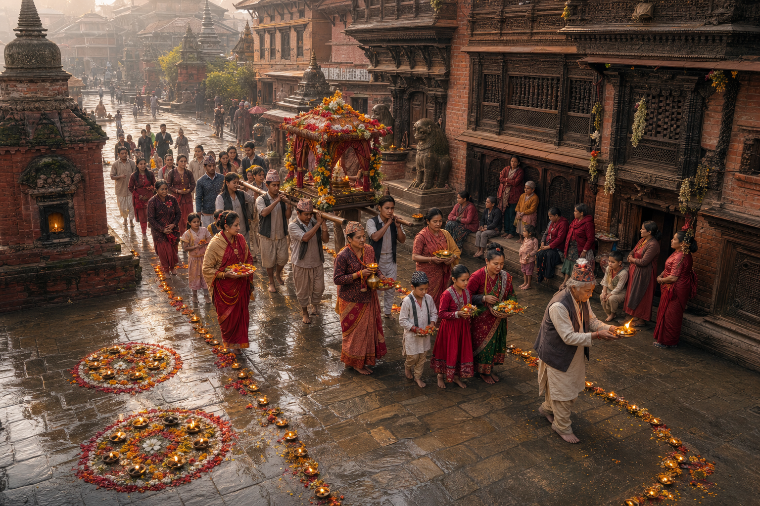 Three generations accompany a flower-decorated sacred palanquin through a historic brick temple square lined with oil lamps.