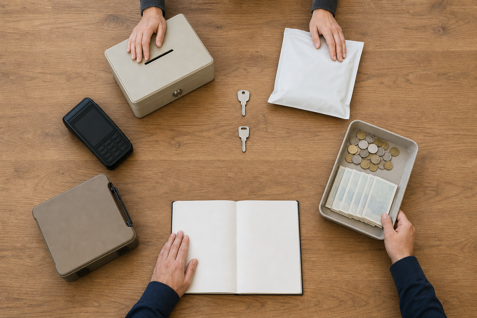 An overhead view of a secure donation box, sealed pouch, keys, counting tray, blank ledger, payment terminal and bank deposit case arranged as a controlled process.