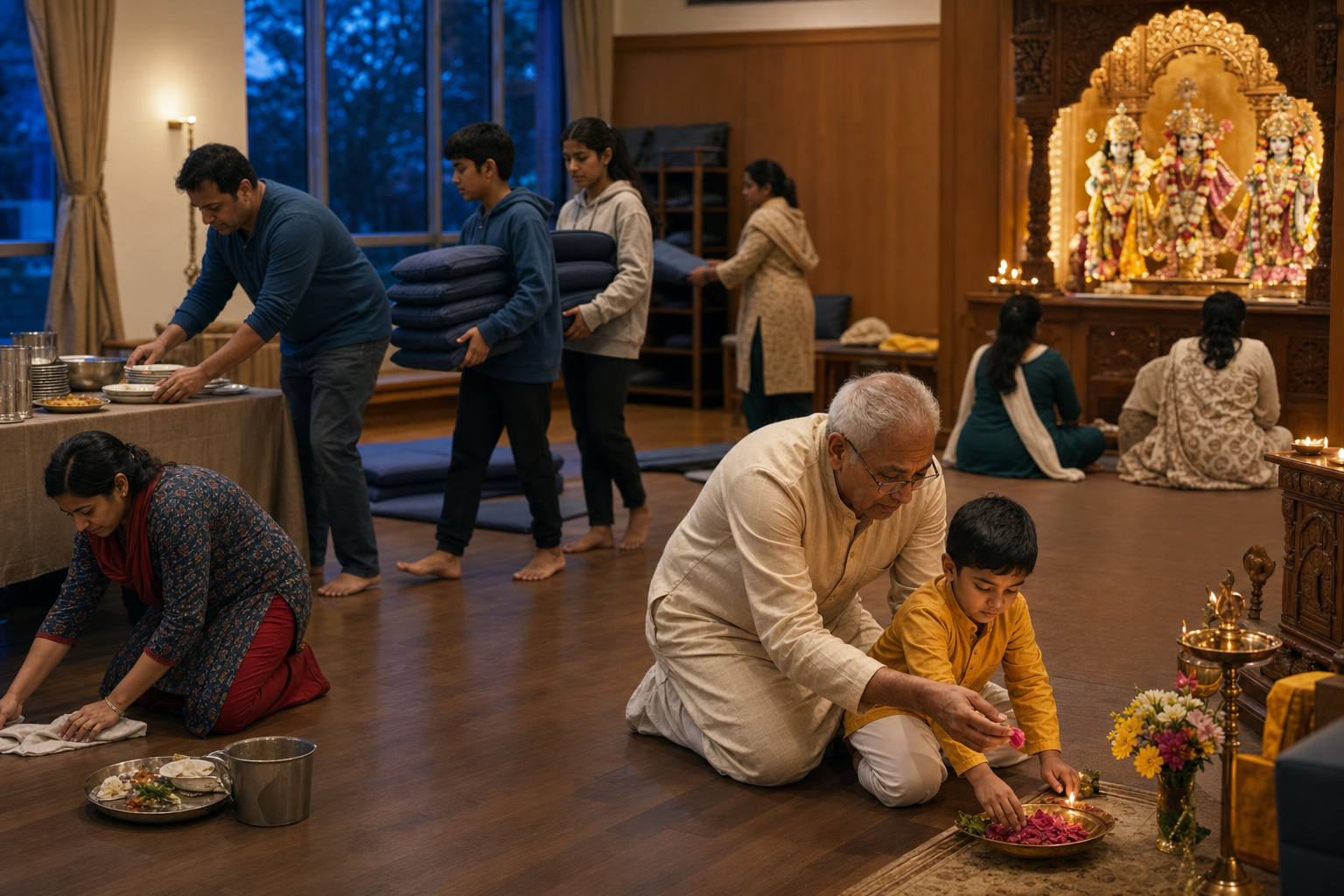 An elder guides a child with a flower offering while teenagers and adults care for a temple hall after an evening gathering.