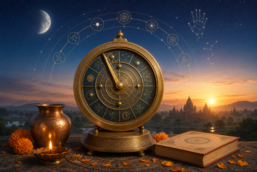 Brass Panchang calendar wheel beside a glowing diya and almanac at dawn, beneath a waxing moon and hand-shaped constellation.