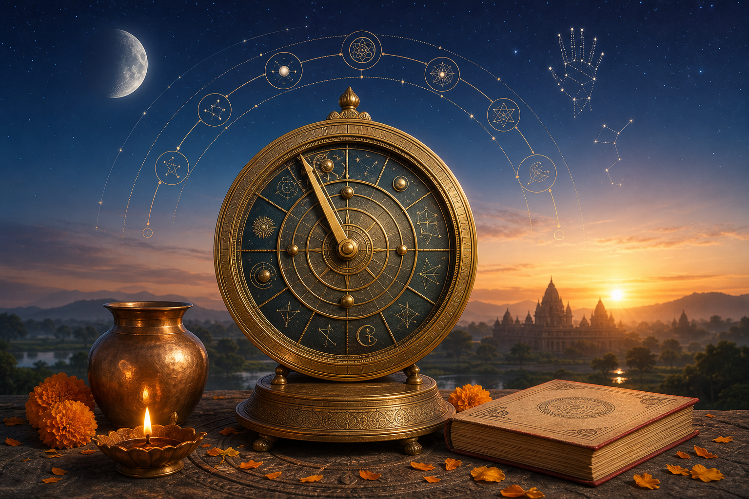 Brass Panchang calendar wheel beside a glowing diya and almanac at dawn, beneath a waxing moon and hand-shaped constellation.