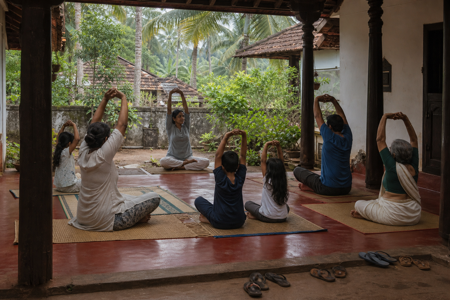 A small multigenerational yoga class gathers on woven mats in the courtyard of a traditional Kerala home.
