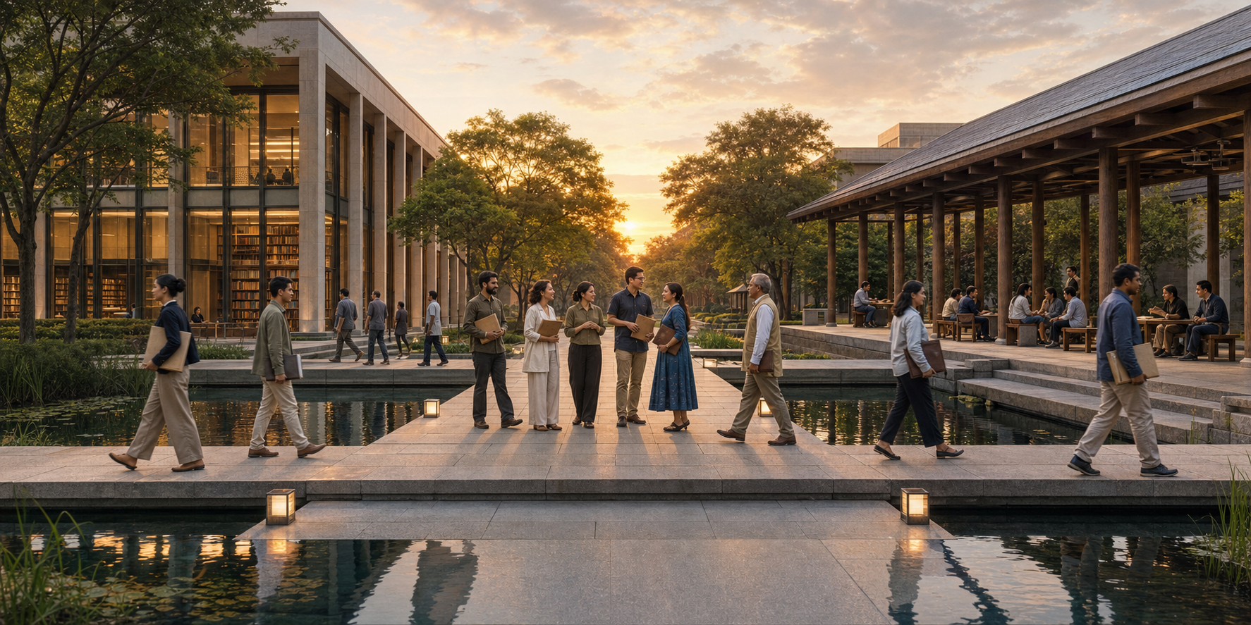 Students, scholars, teachers, and practitioners cross a stone walkway between a modern library and an open-air teaching pavilion.