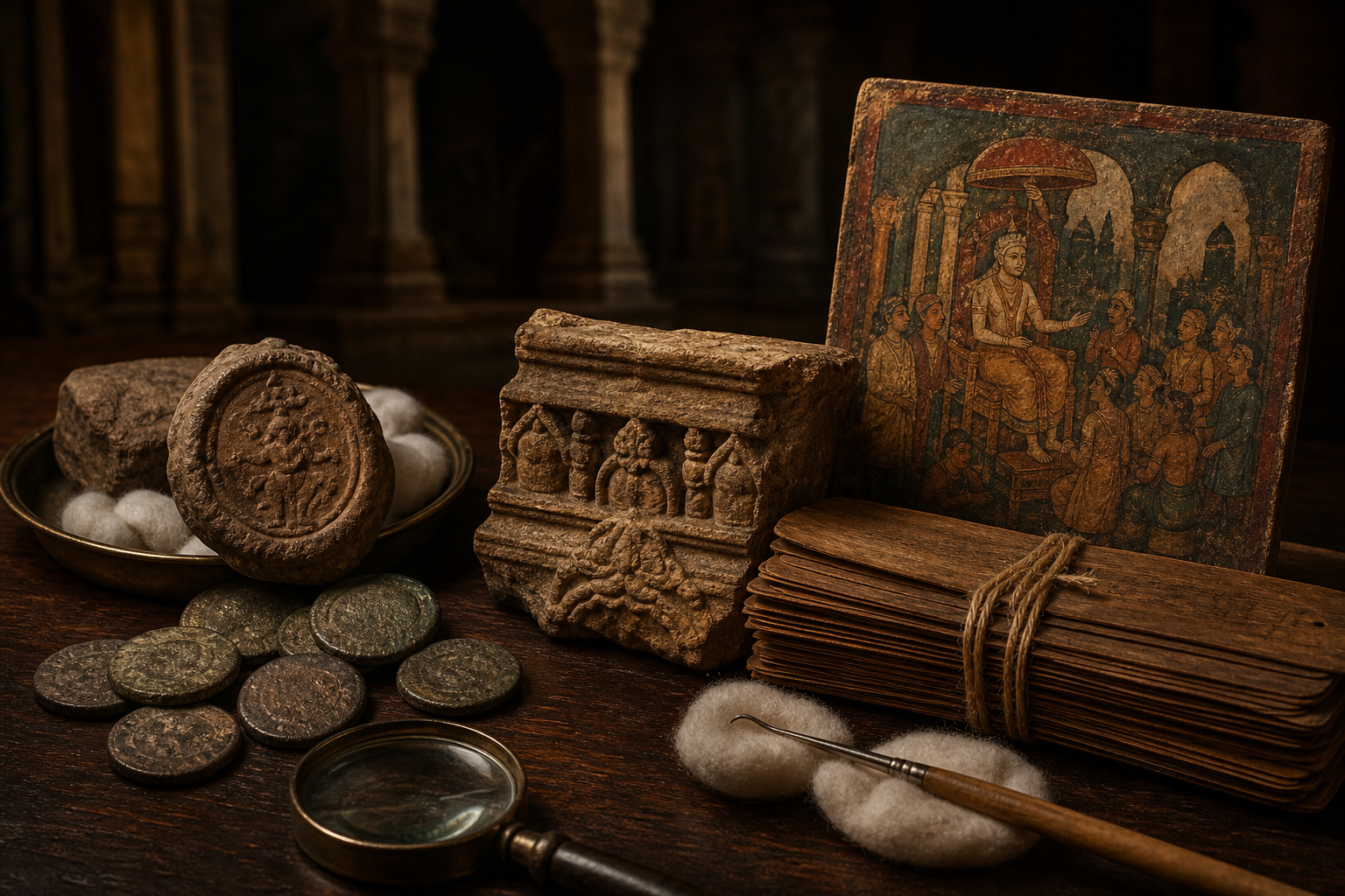 Worn coins, a seal, palm-leaf folios, a carved fragment, and a storytelling panel are arranged on a historical research table.
