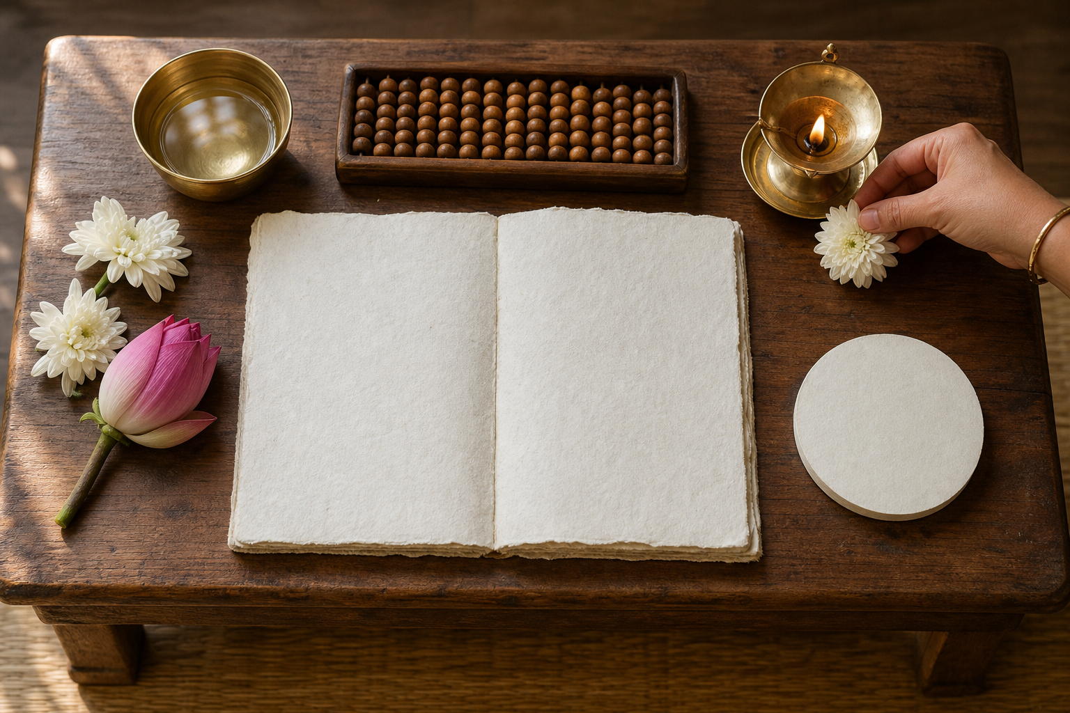 A hand arranges a flower beside a lamp, blank folio, prayer beads, water bowl, and lunar-phase object on a wooden desk.