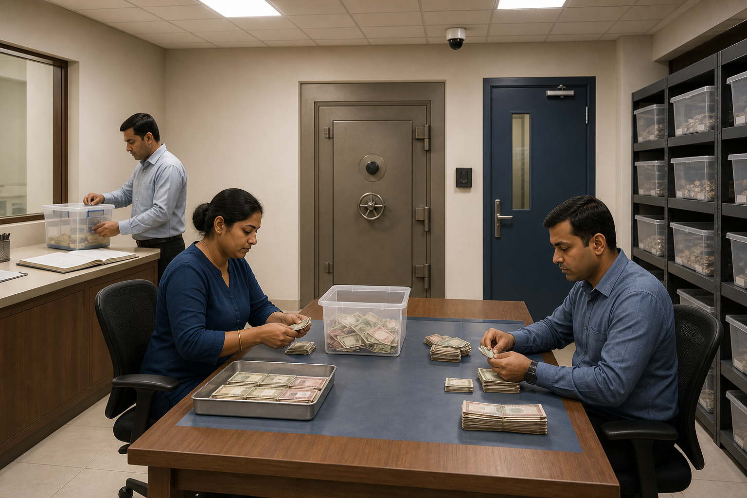 Three temple trust workers verify offerings together in a controlled counting room with a security camera, safe and sealed containers.