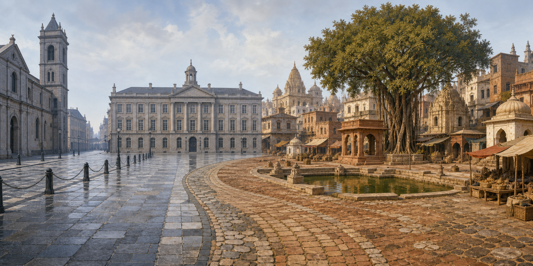 A conceptual panorama contrasts a formal European town square with a layered Bharatiya courtyard containing homes, worship spaces, a market, and a shared water tank.
