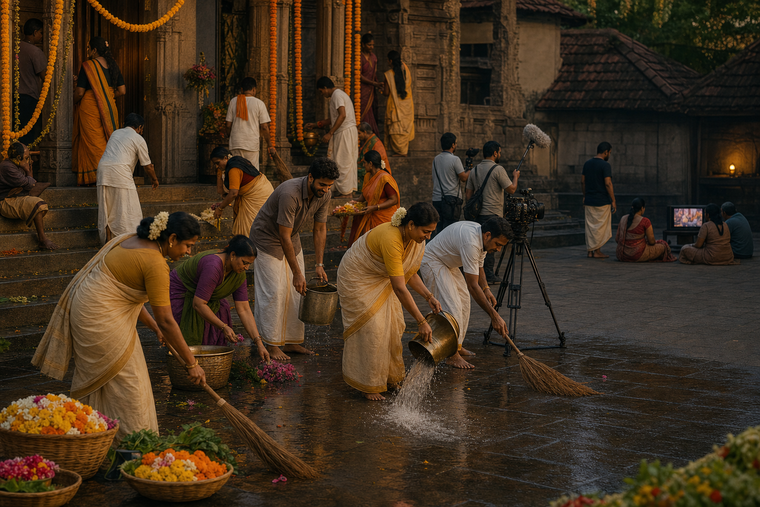 Devotees clean and decorate a temple courtyard while a small film crew records the festival from a respectful distance.
