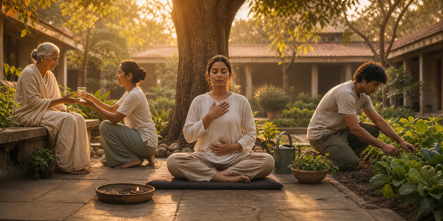 People meditate, practice mindful breathing, assist an older adult and tend a garden in a quiet courtyard.