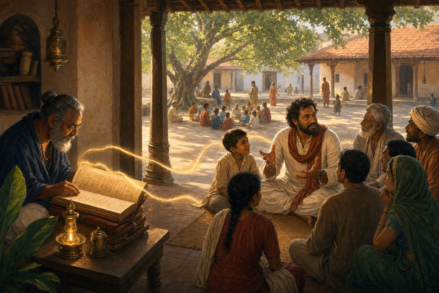 A scholar studies a traditional manuscript while a storyteller shares its meaning with villagers gathered on the same veranda.