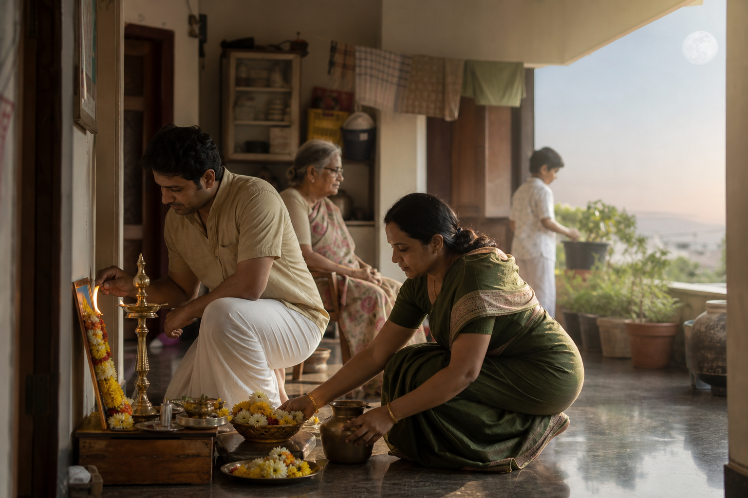 Family members prepare flowers, water, and an oil lamp for a morning observance as sunlight enters their home.