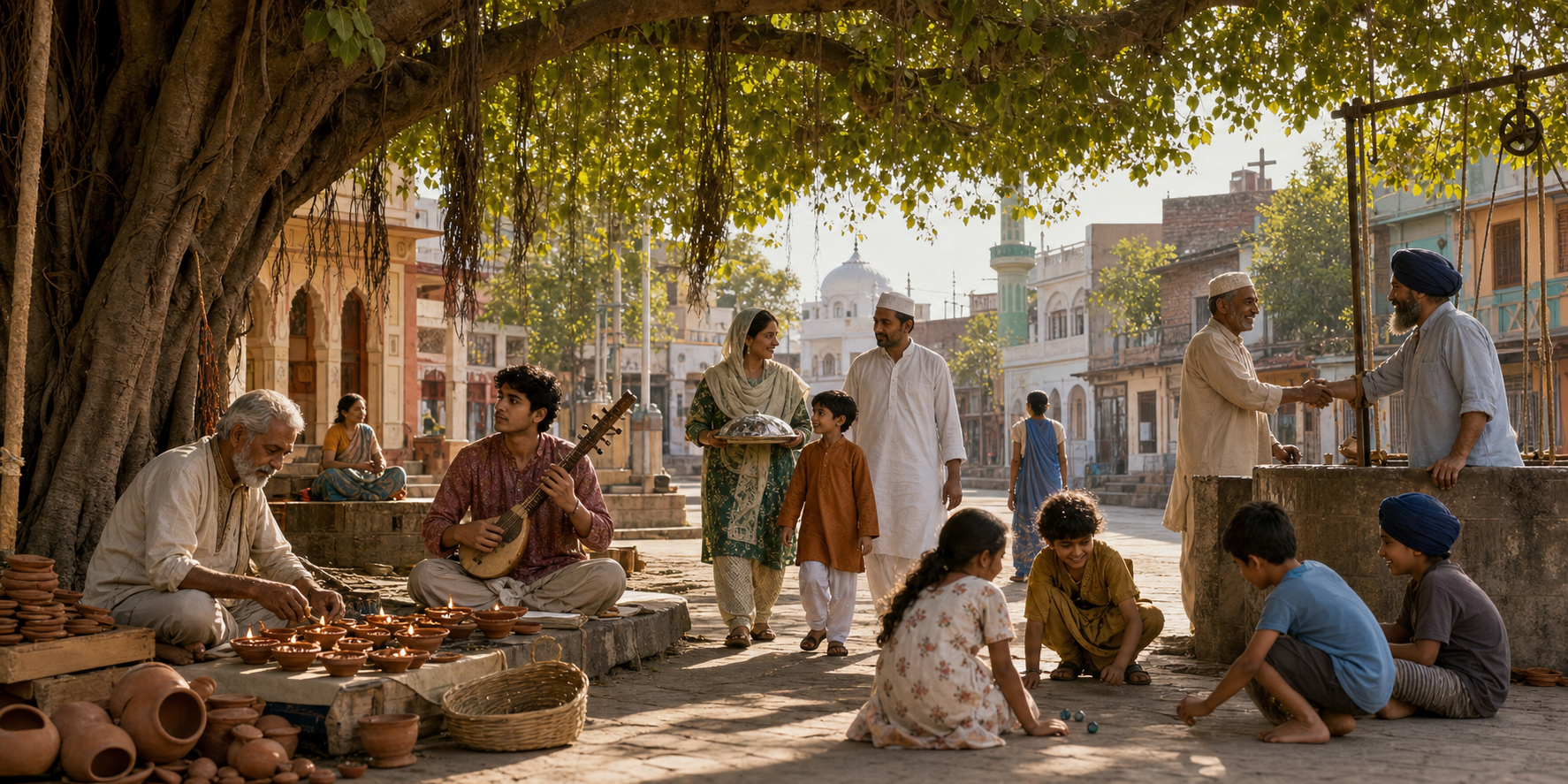 Neighbors from different communities share a banyan-shaded courtyard while children play near a communal well.