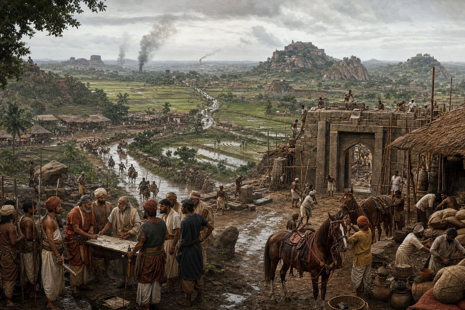 Local leaders, workers, soldiers, and cultivators coordinate repairs and supplies around a fourteenth-century South Indian hill fort.
