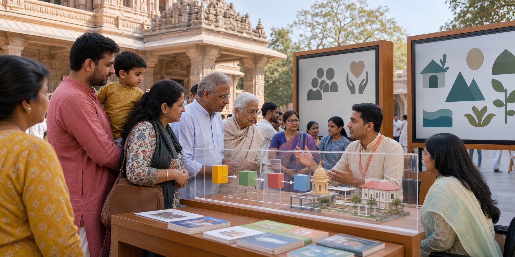 Devotees examine a public display of donation-flow objects and project models while a temple trust representative answers questions in an open courtyard.