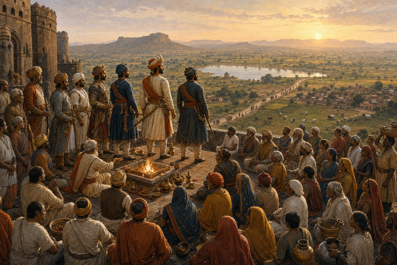 Warrior chiefs, elders, ritual specialists, and local communities gather around a ceremonial fire above a fortified landscape.