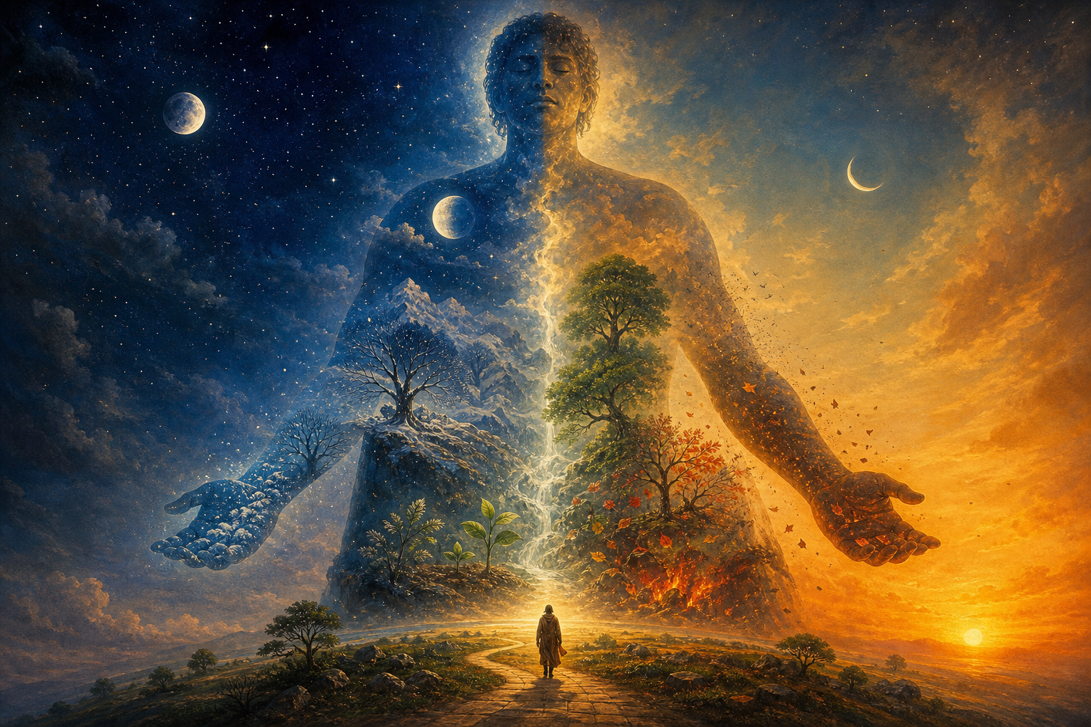 A cosmic human silhouette containing stars, moon phases, plants, falling leaves, and embers rises above a lone traveler at dawn.