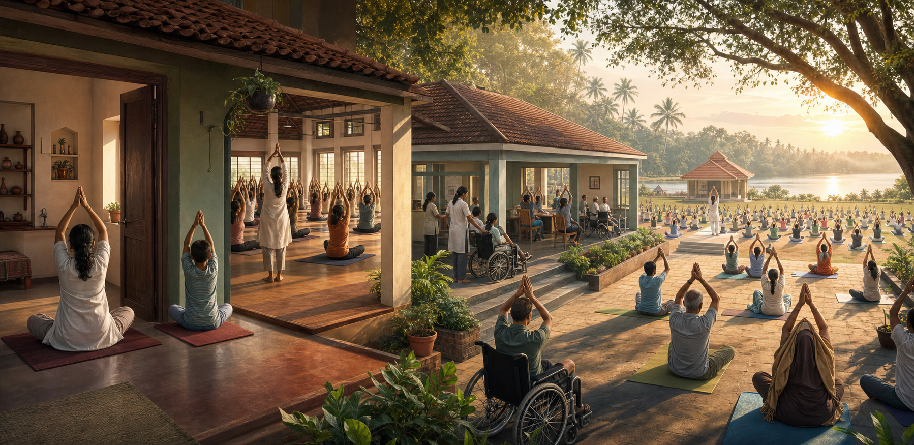 Yoga groups practice in a sequence of spaces that expands from a neighborhood room to schools, community facilities and a public ground.