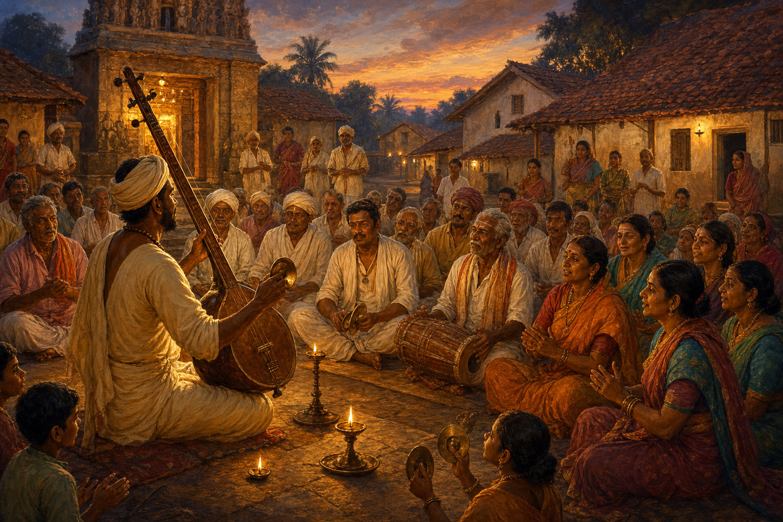 A devotional singer with a string instrument and hand cymbals leads villagers of different ages in music in a Karnataka village square.