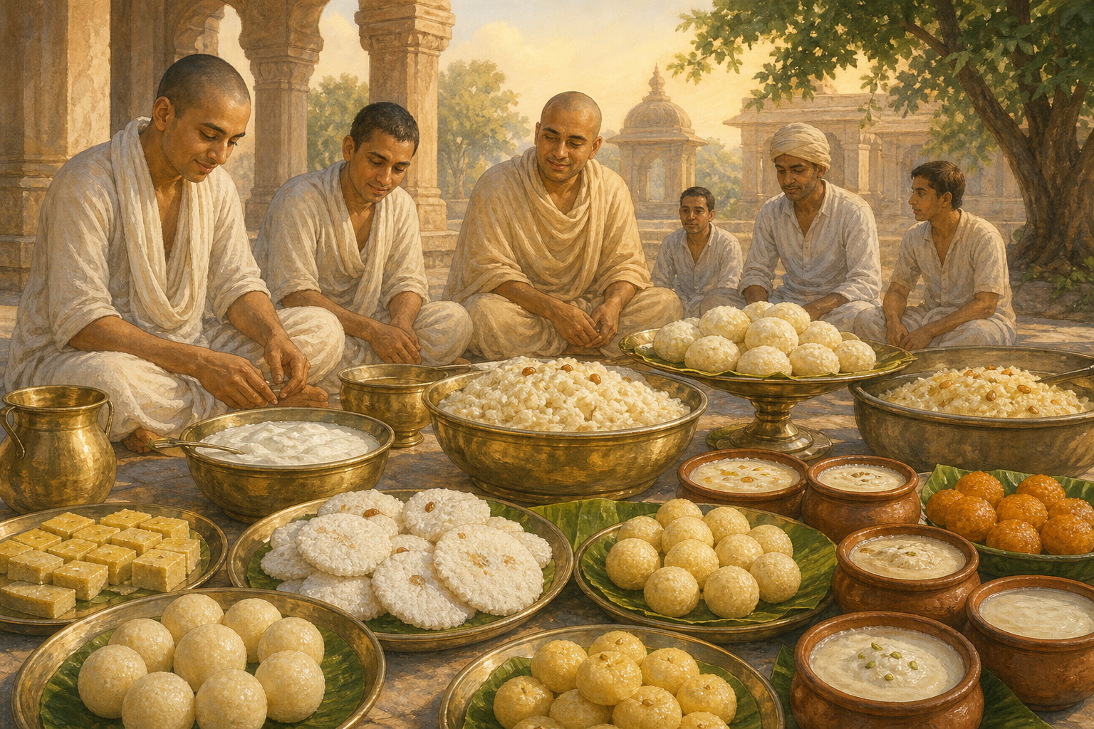 An abundant arrangement of sweets and milk preparations set on plates and in small bowls in a temple courtyard, with devotees seated nearby.