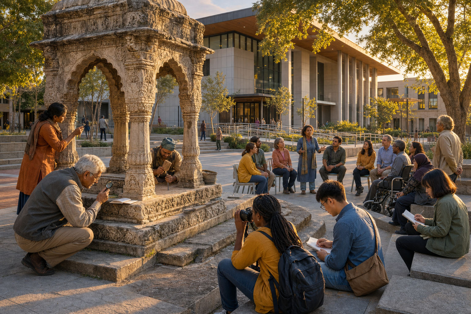 Citizens, students, historians, and craftspeople restore an old stone water pavilion beside a modern library and civic hall.