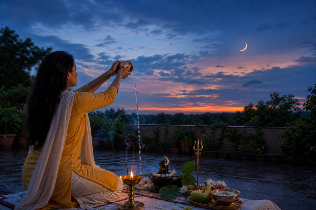 Woman offers arghya from a copper lota beside a Shiva puja as a slender crescent Moon appears at dusk.