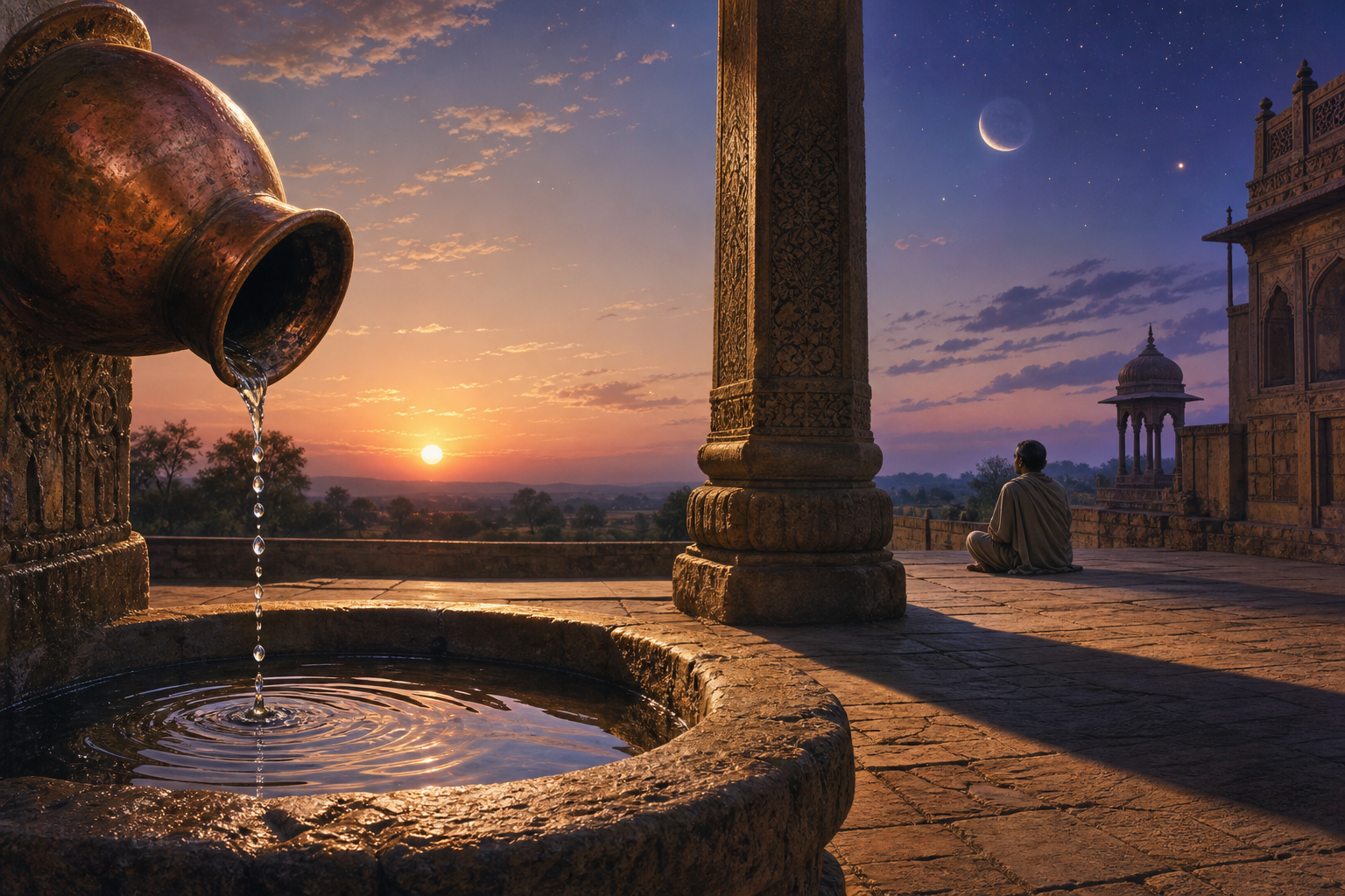 Water drips from a copper vessel beside a long pillar shadow as the sun, crescent moon, and stars appear over a quiet courtyard.