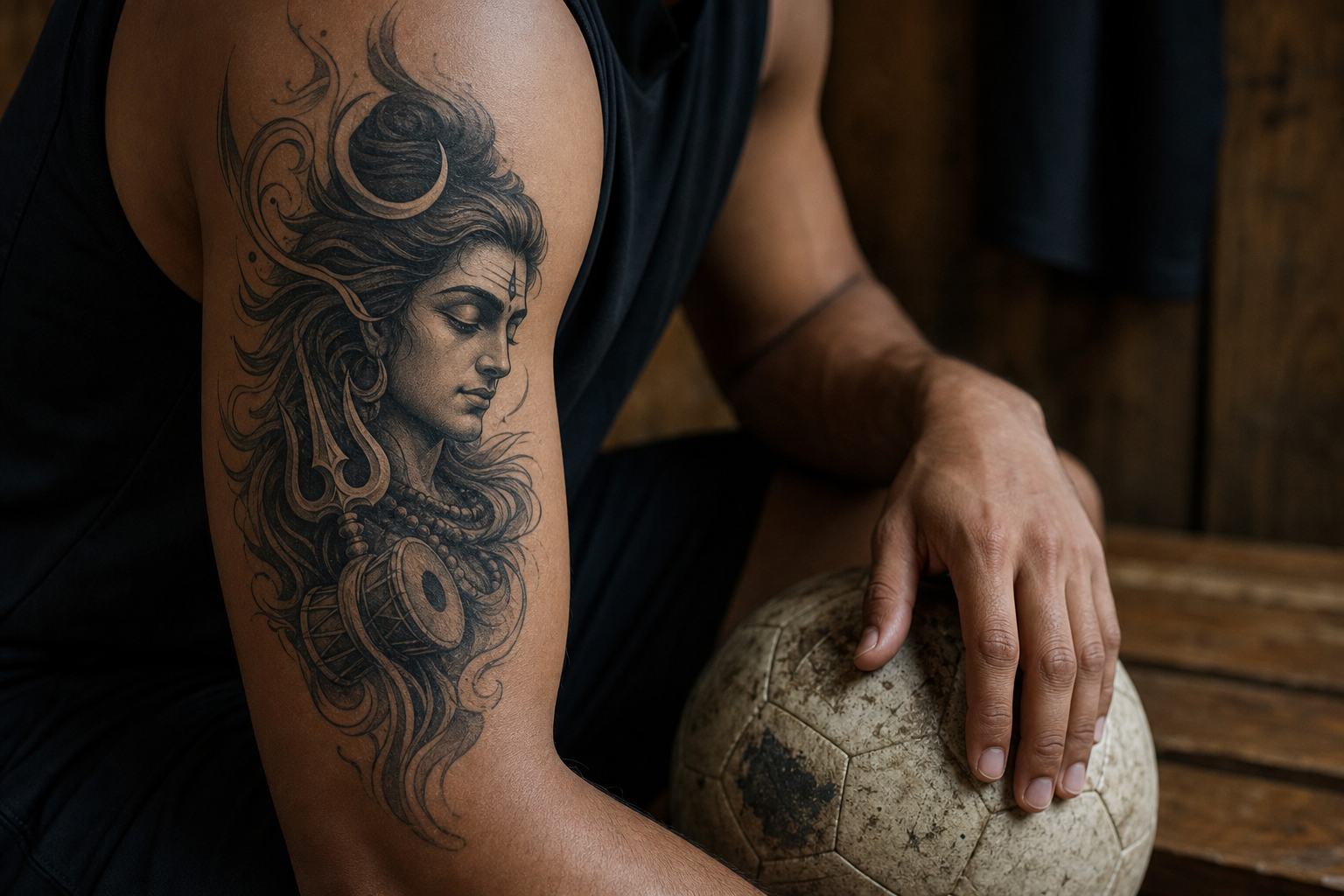 Close-up of an athlete's upper arm with a Shiva-inspired tattoo beside a worn football on a changing-room bench.