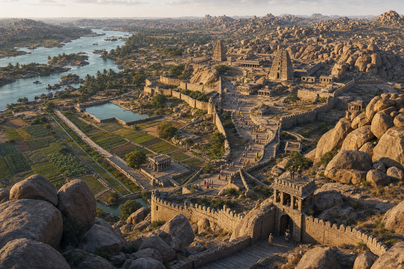 Oblique view of Hampi showing granite ridges, defensive walls, gateways, temples, waterworks, cultivated land, and the Tungabhadra River.