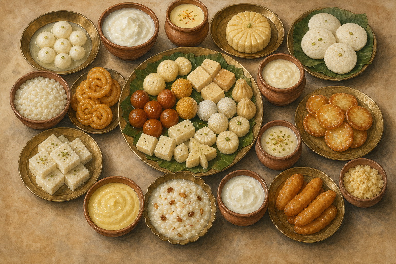 Overhead view of leaf plates, metal trays, and clay bowls filled with varied sweets, sweet rice, yogurt, cream, and thickened milk.
